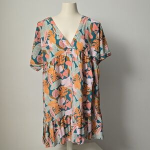 Tropical Print V-Neck Ruffle Hem Tunic Dress - Teal, Peach, Mustard